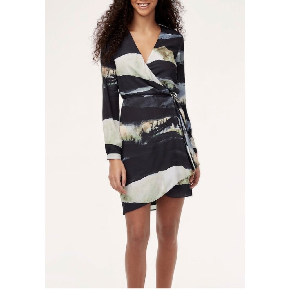 Babaton Aritzia Landscape Print Wrap Dress Black Sage Horse Motif Small